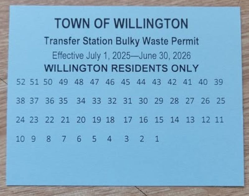 Picture of blue bulky permit for the 2025-2026 fiscal year, Willington CT
