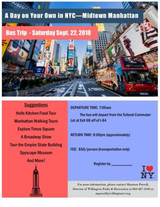 Please visit the Parks and Recreation, 2018 Bus Trips tab for more information!