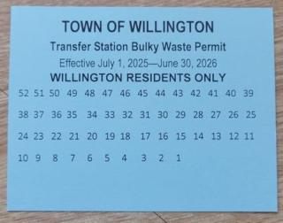 picture of blue bulky permit for the Willington transfer station, 2025-2026 fiscal year