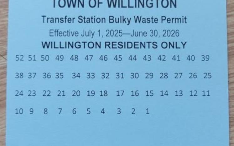Blue bulky permit for Willington transfer station, 2025-2025 fiscal year picture of blue bulky permit for the Willington transfer station, 2025-2026 fiscal year